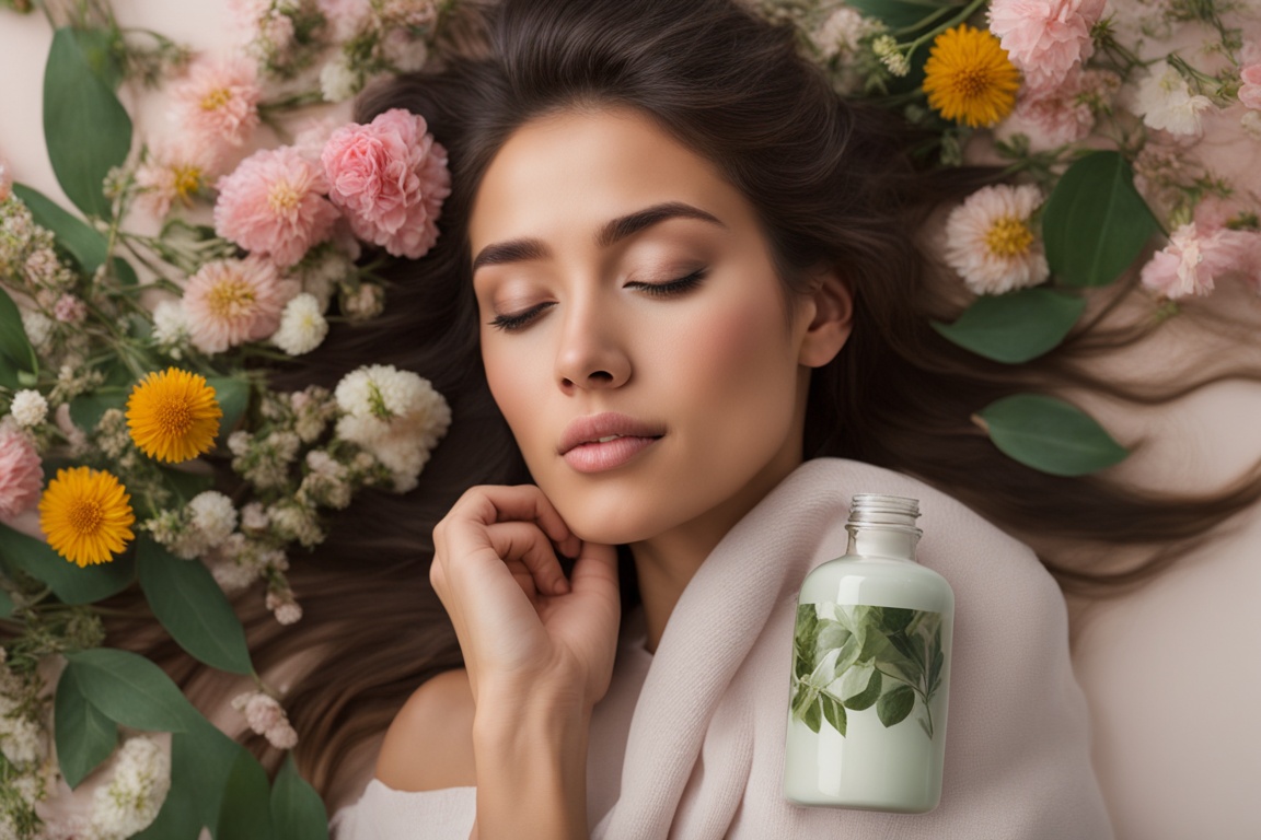 Uma mulher deitada sobre flores e um vidro de um remédio